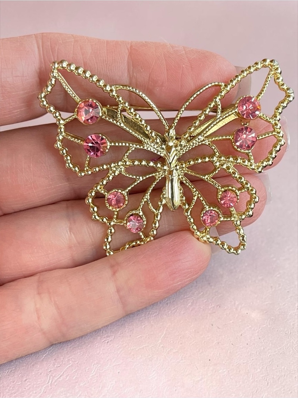 Vintage Gold Tone Filigree Butterfly Brooch With Pink Rhinestones